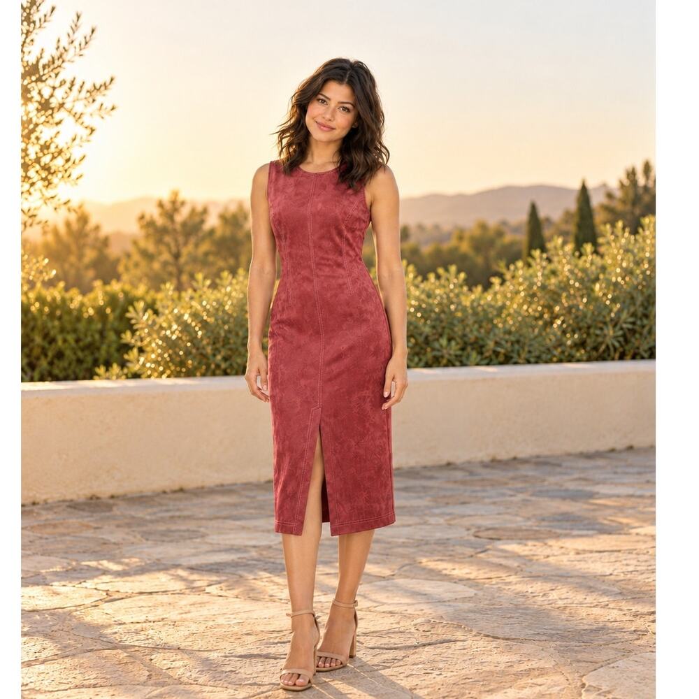 BCBG Burnt Sienna Faux Suede Sheath Midi Dress Rust Sleeveless NWT Size 4